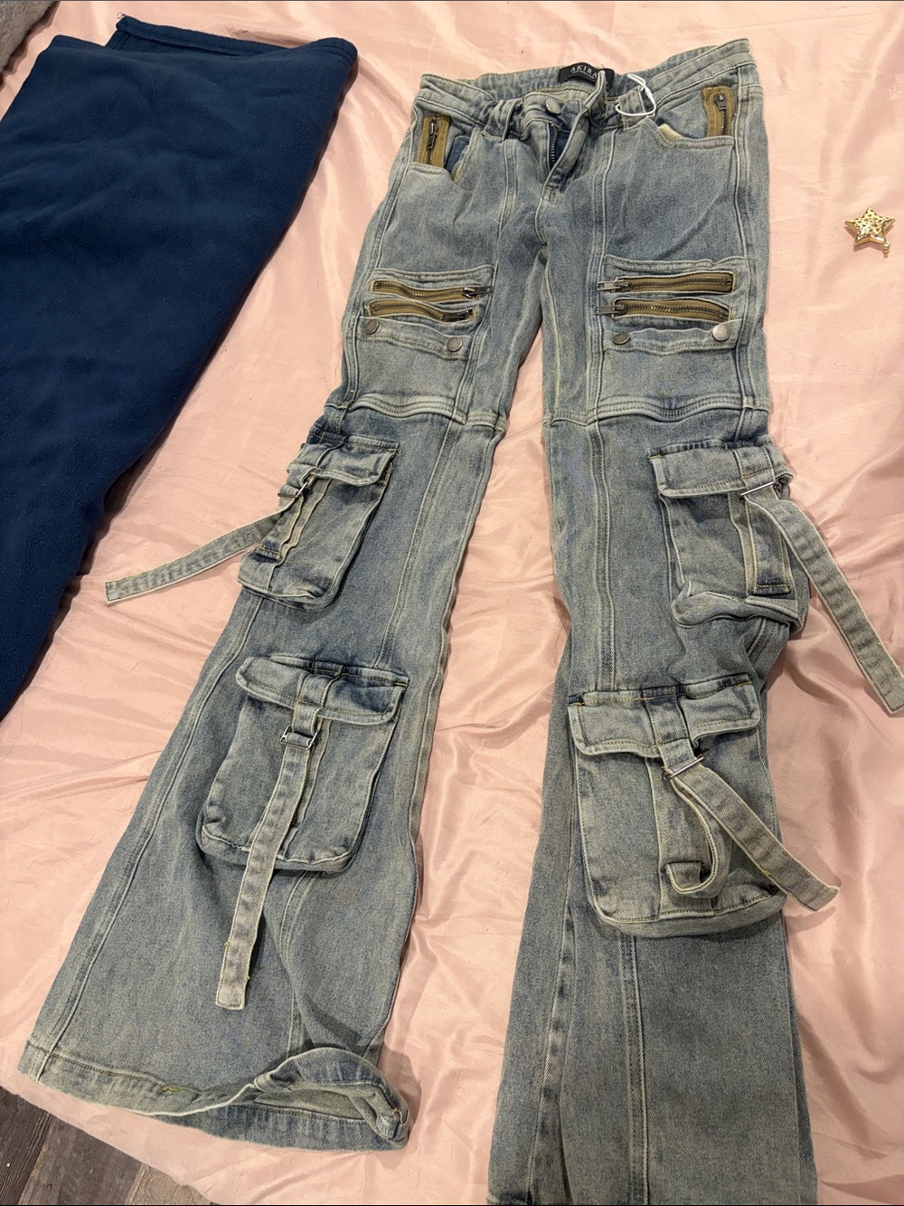 Light Wash Cargo Denim Flare Pants with Side Utility Pockets
